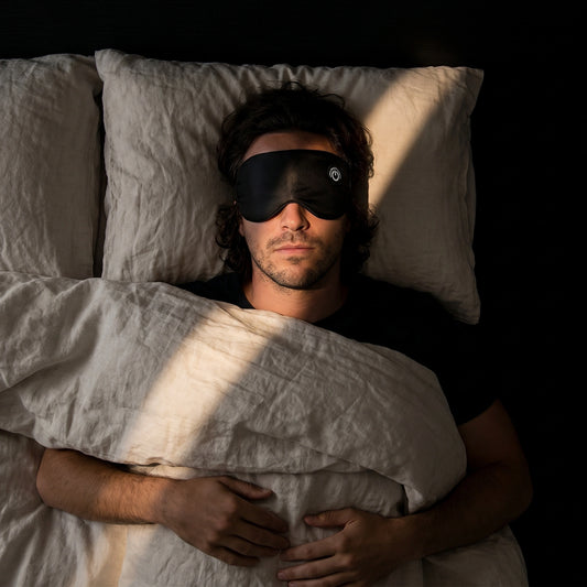 Man lying in bed with a sleep mask on, partially covered by a blanket.

